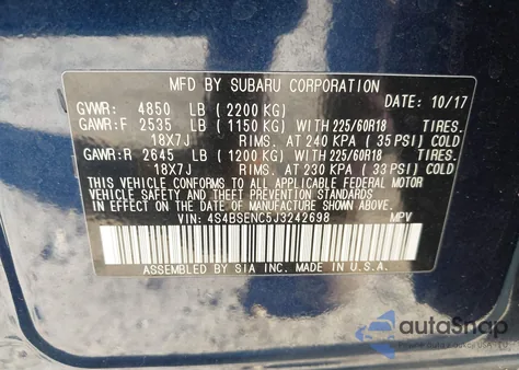 2018 Subaru Outback 3.6R Limited из США, поврежденный, VIN 4S4BSENC5J3242698